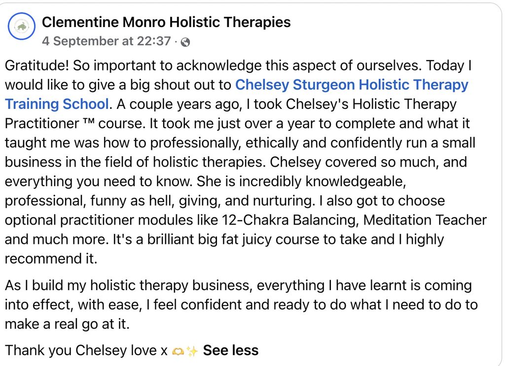 Student testimonial for Chelsey Sturgeon Holistic Therapy Training School
